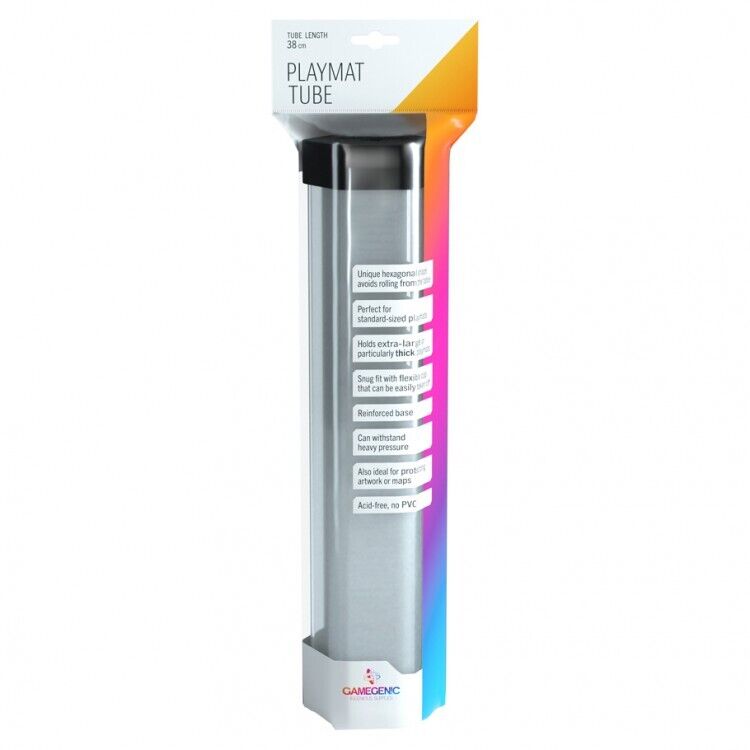 Gamegenic: Playmat Tube: Clear - Clear cylindrical plastic playmat tube with black end caps and colorful cardboard label sleeve.