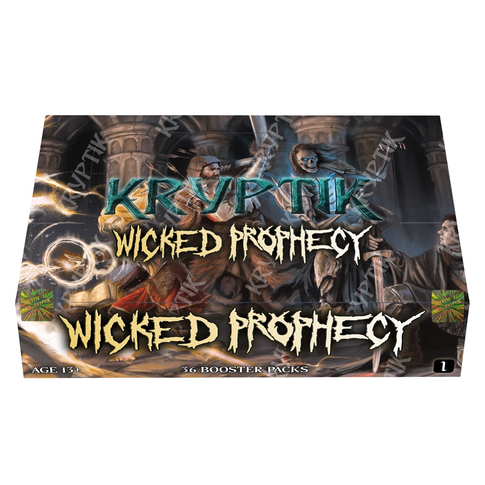 Kryptic Trading Card Game - Wicked Prophecy Wave 1 Booster Box - Rectangular booster box for Kryptic Trading Card Game featuring dark fantasy artwork with warriors and mystical symbols,.