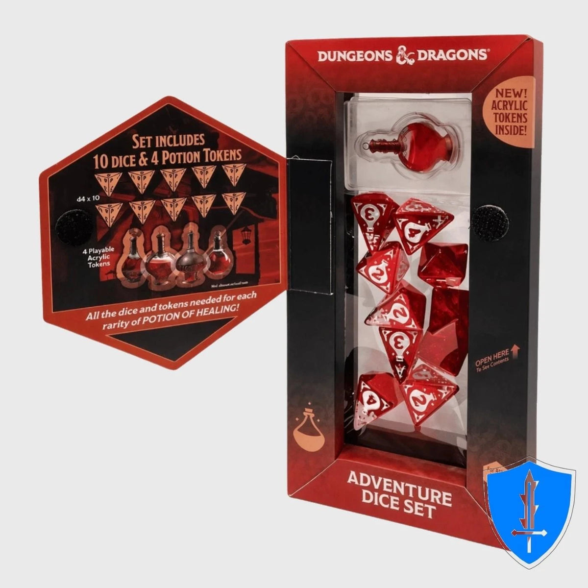 Adventure Dice: Potion of Healing - Set of ten red polyhedral dice with white numbering and four red potion-shaped tokens in Dungeons & Dragons themed packaging.