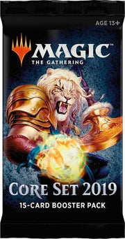 Magic: The Gathering - Core Set 2019 Booster Pack - The Gathering Core Set 2019 booster pack with fiery warrior and roaring lion artwork, black and orange packaging.