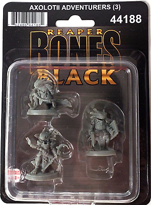 Axolotii Heroes (3) - Three gray resin miniature figurines featuring fantasy-themed axolotl characters in adventurer poses, packaged in clear.