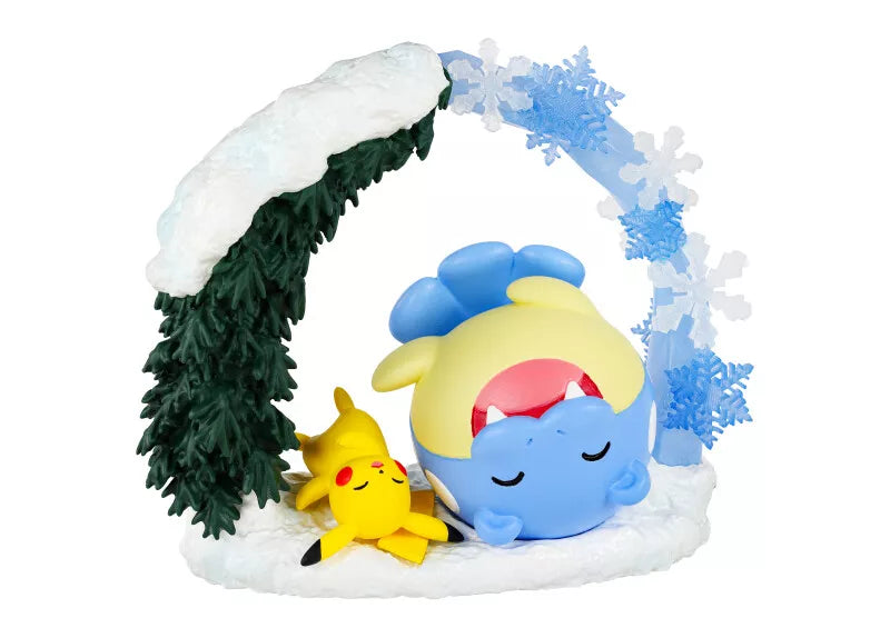 Re-Ment Pokémon Circular Diorama Blind Box - Individual - Circular diorama featuring a sleeping blue Pokémon with a yellow Pikachu and snowy pine tree branches with blue snowflakes.