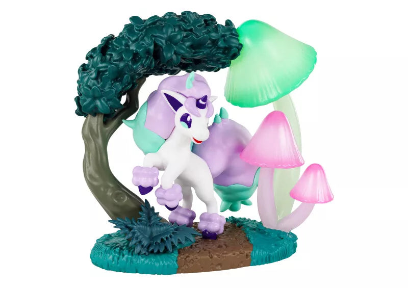Re-Ment Pokémon Circular Diorama Blind Box - Individual - Small circular diorama featuring purple and white Pokémon with curled tail, standing under green and pink mushrooms and.