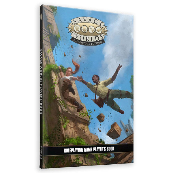 Savage Worlds Adventure Edition Player's Book - Savage Worlds RPG book with blue sky background, featuring characters falling amid flying debris on cover.