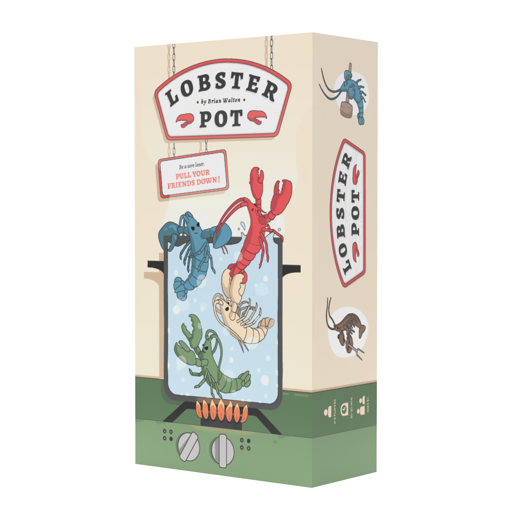 Lobster Pot - Cream-colored rectangular box with red and black lobster pot branding and colorful lobster illustrations on the front and.