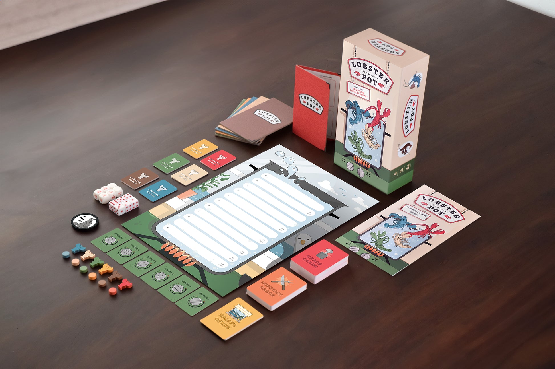 Lobster Pot - Lobster Pot board game with colorful cards, tokens, and a central white playmat on a wooden surface.