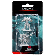 D&D Nolzur's Marvelous Miniatures: Sahuagin - Unpainted gray plastic Sahuagin miniatures with tridents, detailed scales and fins, packaged in clear blister pack.