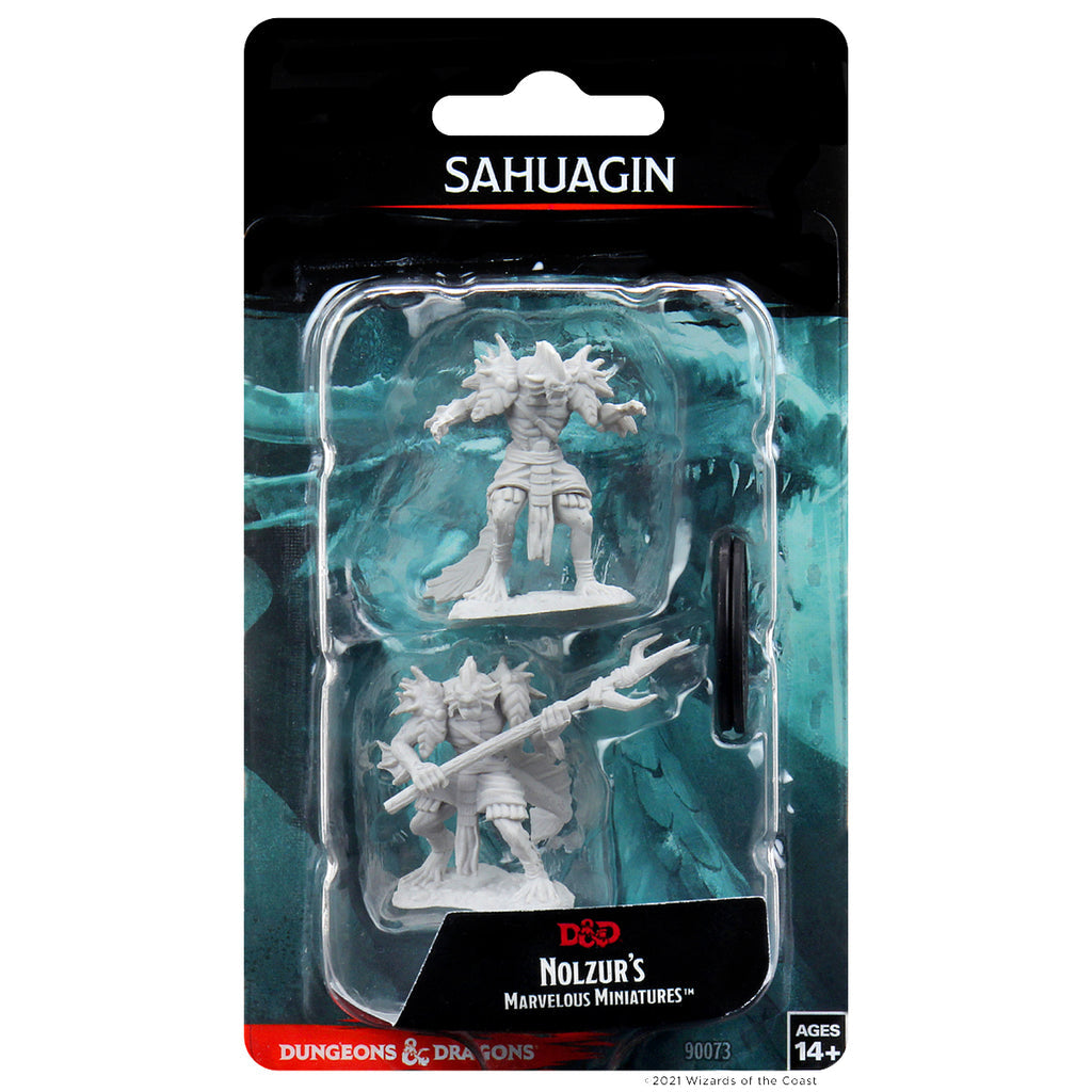 D&D Nolzur's Marvelous Miniatures: Sahuagin - Unpainted gray plastic Sahuagin miniatures with tridents, detailed scales and fins, packaged in clear blister pack.