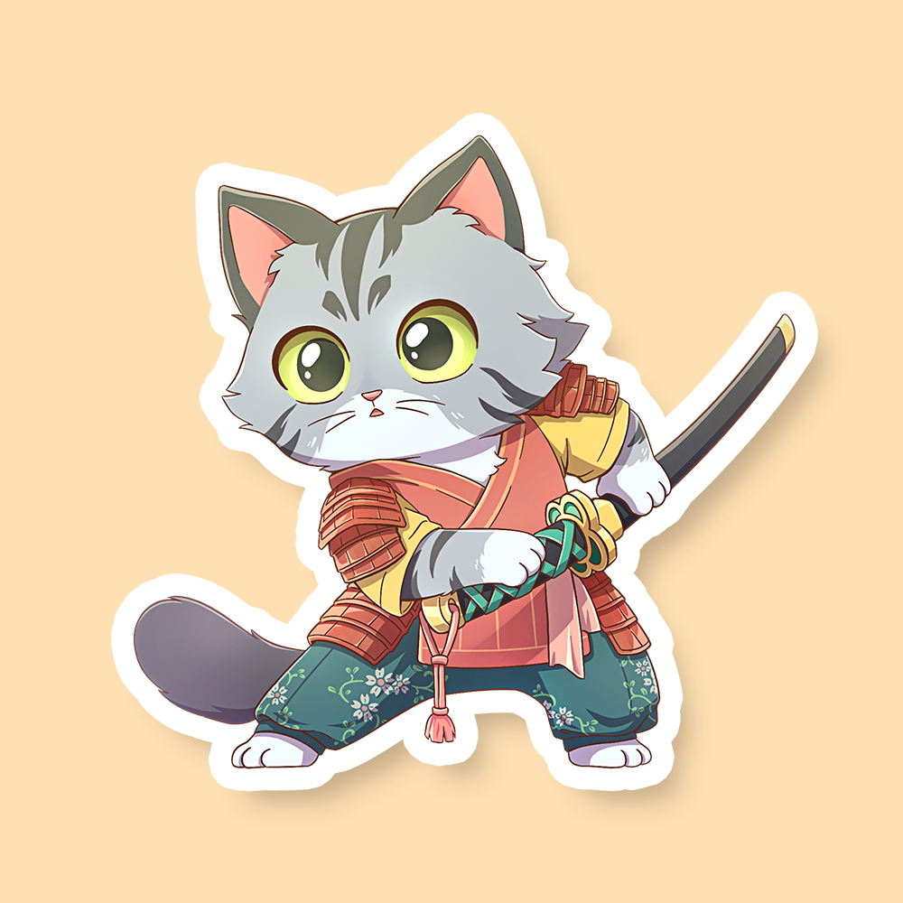 Ronin Cat Sticker - Gray tabby cat dressed as a samurai with armor and katana, chibi style sticker.