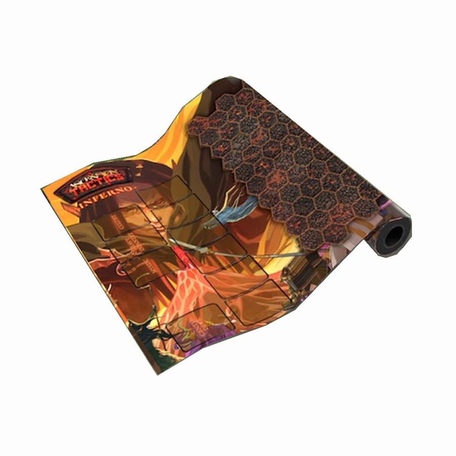 Ascension Tactics: Inferno - Playmat - Rolled-up rectangular game playmat with fiery, lava-themed fantasy artwork and hexagonal grid pattern on the right side.
