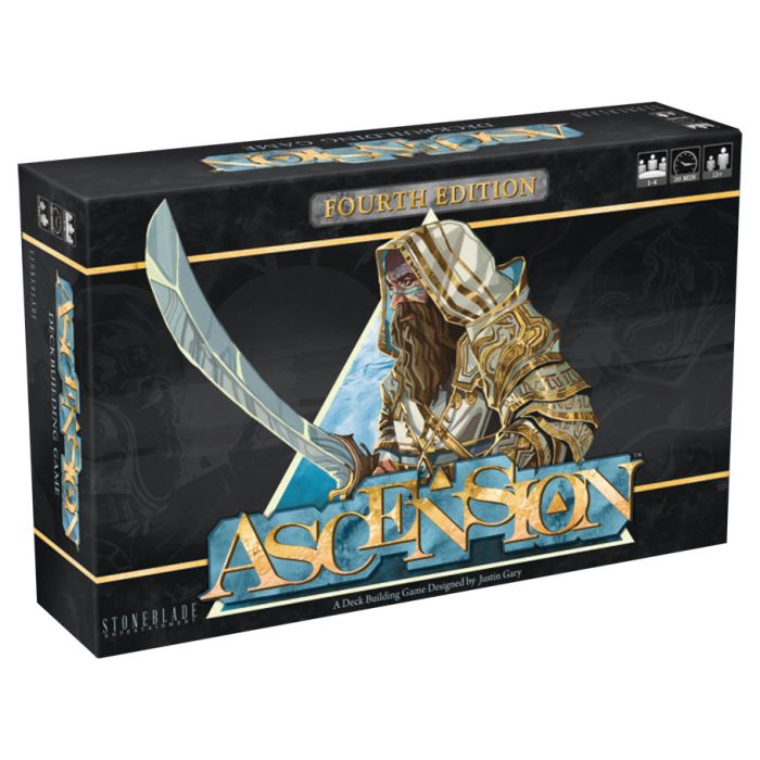 Ascension 4th Edition - Black rectangular box with a fantasy warrior in golden armor holding a large sword, featuring "Ascension" in bold blue and.