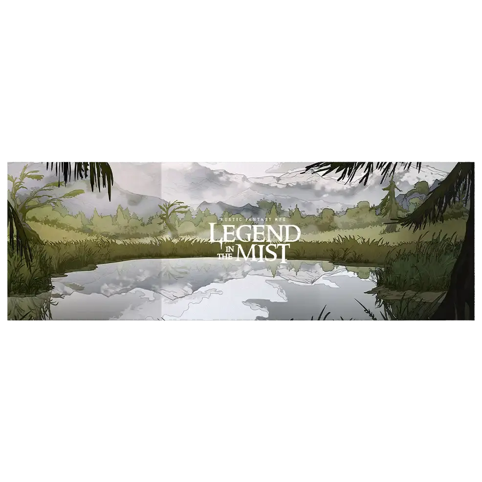 Legend in the Mist: MC Screen (PREORDER) - Tri-fold RPG screen with misty forest artwork in green and gray tones, featuring "Legend in the Mist" title in white.