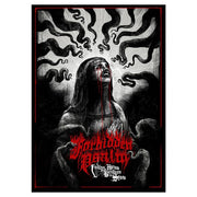 Forbidden Psalm - Dark horror artwork of a distressed figure bleeding red tears with black ominous serpents swirling above, titled Forbidden.