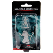 D&D Nolzur's Marvelous Miniatures: Sea Hag & Bheur Hag - Two unpainted gray plastic miniatures of female hags in dynamic poses, packaged in clear plastic blister with black and teal