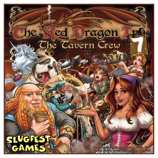 The Red Dragon Inn 7: The Tavern Crew - Colorful fantasy-themed board game box with illustrated tavern characters and a red dragon background.