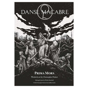 Danse Macabre: Prima Mors Quickstart - Black and white graphic novel cover featuring cloaked skeletal figures in a graveyard with a dark, cloudy sky and city.