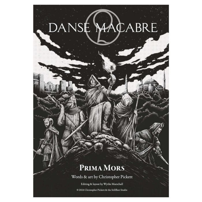 Danse Macabre: Prima Mors Quickstart - Black and white graphic novel cover featuring cloaked skeletal figures in a graveyard with a dark, cloudy sky and city.