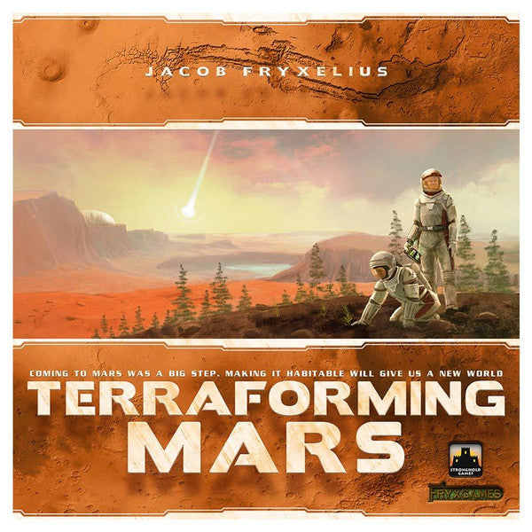 Terraforming Mars - Terraforming Mars board game box featuring an orange-red Martian landscape, astronauts, and a comet streaking across the sky.