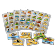 Terraforming Mars: Milestones and Awards Expansion - Sheets of colorful game tokens and rectangular cards with sci-fi icons and text from Terraforming Mars expansion.