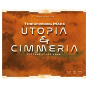 Terraforming Mars: Utopia & Cimmeria Expansion - Rust-orange board game box with white text displaying "Terraforming Mars Utopia & Cimmeria" and accented by a futuristic.