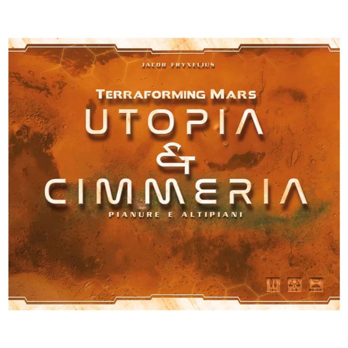 Terraforming Mars: Utopia & Cimmeria Expansion - Rust-orange board game box with white text displaying "Terraforming Mars Utopia & Cimmeria" and accented by a futuristic.