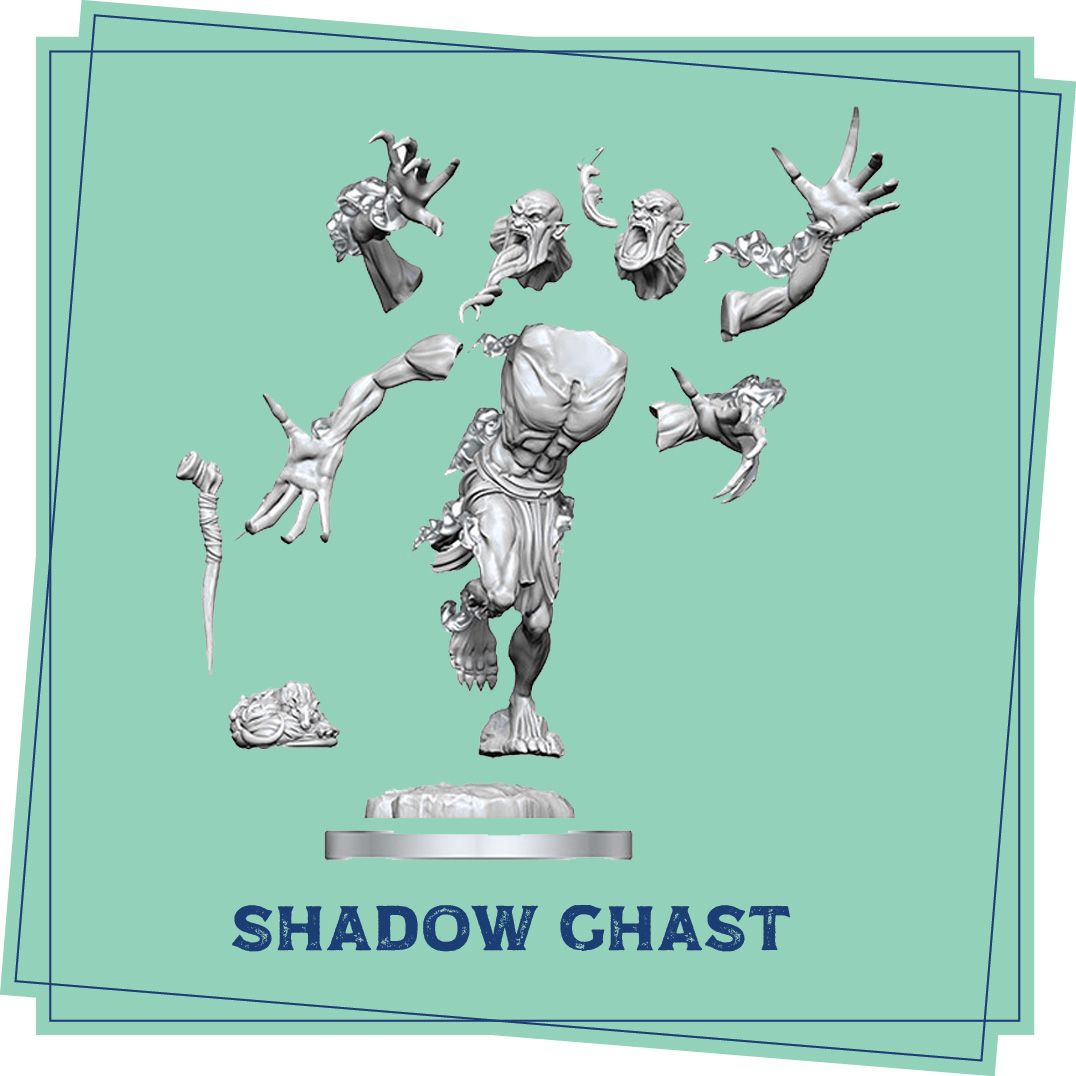 Critical Role: Gilmore’s Fantastic Fabrications: Shadow Ghast (PREORDER) - Gray miniature figure of a ghostly creature with flowing cloak and multiple disjointed hands around it on a circular base.