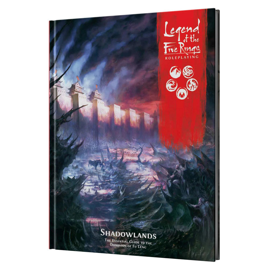 Legend of the Five Rings RPG: Shadowlands - Softcover role-playing book with dark fantasy art showing a burning village and ominous skies, red vertical title panel.