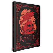 Raven - Black hardcover book with red ornate corner designs, featuring a red raven perched on a red skull and "Raven" in bold.