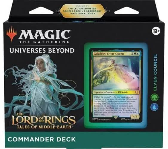Magic: The Gathering -  Lord of the Rings: Tales of Middle-Earth Commander Deck - Elven Council - The Gathering Lord of the Rings Elven Council Commander Deck box with holographic card visible through window.