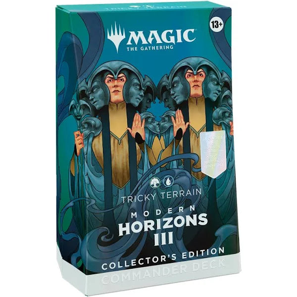 Magic: The Gathering - Modern Horizons 3 Collectors Commander - Tricky Terrain - The Gathering Modern Horizons 3 Collectors Commander deck box featuring dark teal and navy artwork with a cloaked character.