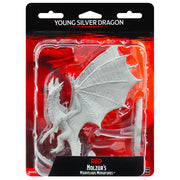 D&D Nolzur's Marvelous Miniatures: Young Silver Dragon - Unpainted young silver dragon miniature with detailed wings and scales in plastic blister pack.