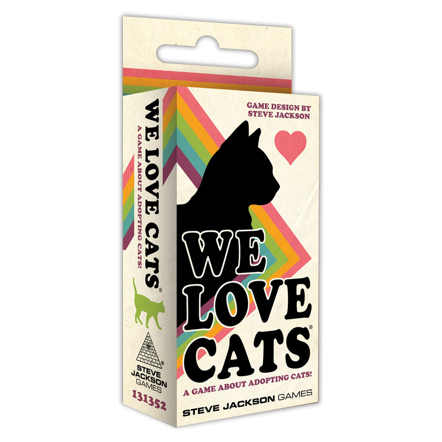 We Love Cats - Rectangular card game box with black cat silhouette and colorful geometric stripes on white background labeled We Love Cats.