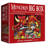 Munchkin Big Box - Red rectangular box featuring cartoon dragon and knight artwork, labeled Munchkin Big Box collector's edition card game.
