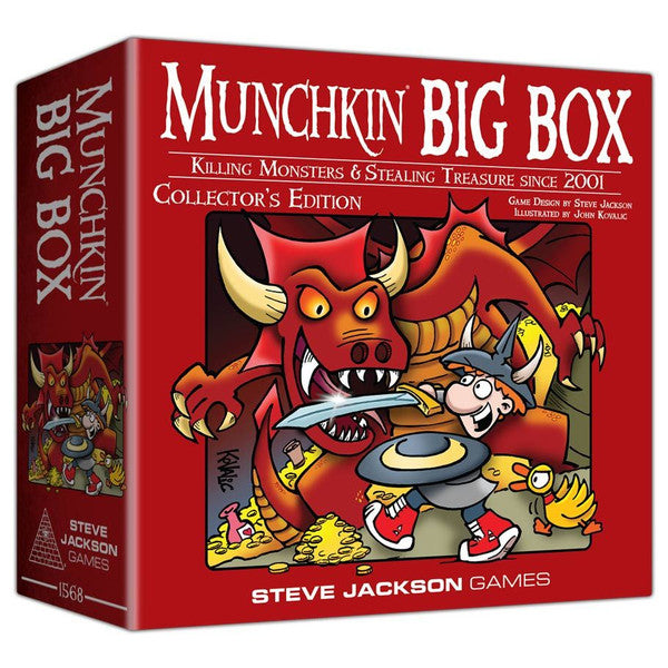 Munchkin Big Box - Red rectangular box featuring cartoon dragon and knight artwork, labeled Munchkin Big Box collector's edition card game.