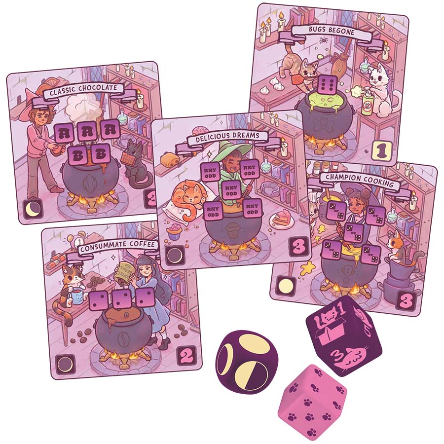 Purrfect Potions (PREORDER) - Colorful game cards with potion-themed illustrations, featuring cauldrons, magic elements, and cats, accompanied by three.