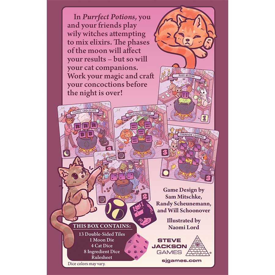Purrfect Potions (PREORDER) - Board game box for Purrfect Potions featuring colorful cards with potion-making cats and whimsical illustrations on a purple