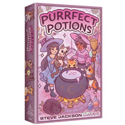 Purrfect Potions (PREORDER) - Colorful game box for Purrfect Potions featuring two witches and cats around a bubbling cauldron on a purple background.