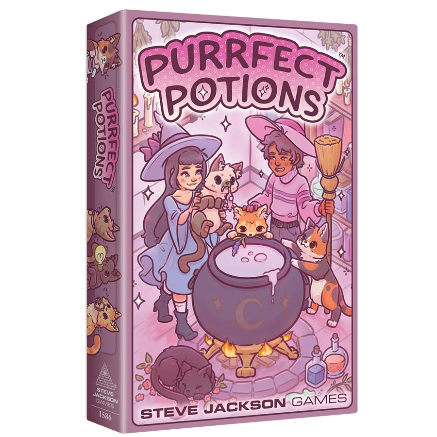 Purrfect Potions (PREORDER) - Colorful game box for Purrfect Potions featuring two witches and cats around a bubbling cauldron on a purple background.