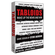 Tabloids - Compact party game box with bold red "Tabloids" title on black and white newsprint design, featuring sensational headlines.