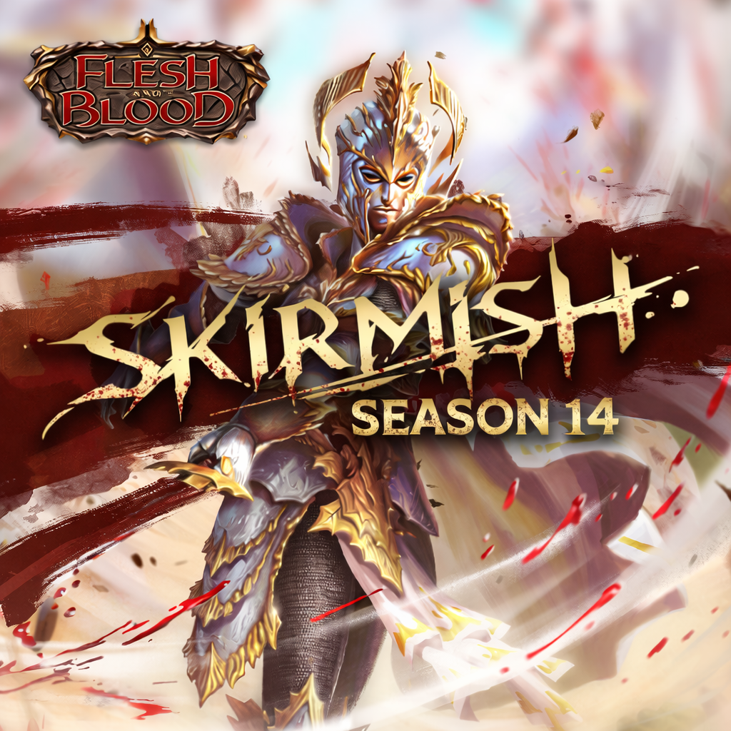 FAB - Skirmish Season 14 - Armored warrior with golden and silver armor and a glowing sword surrounded by swirling red and gold energy, Skirmish Season