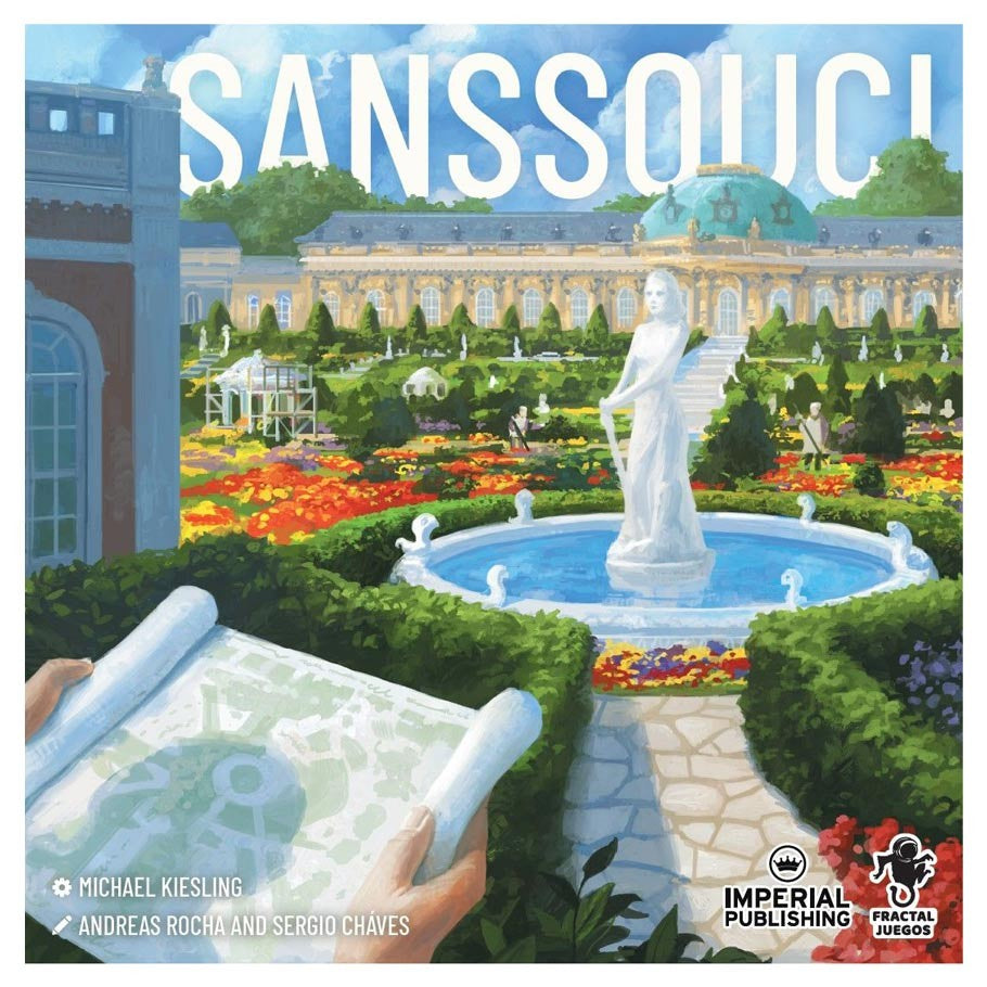 Sanssouci - Board game box featuring a vibrant garden with a fountain, statue, and palace in the background.