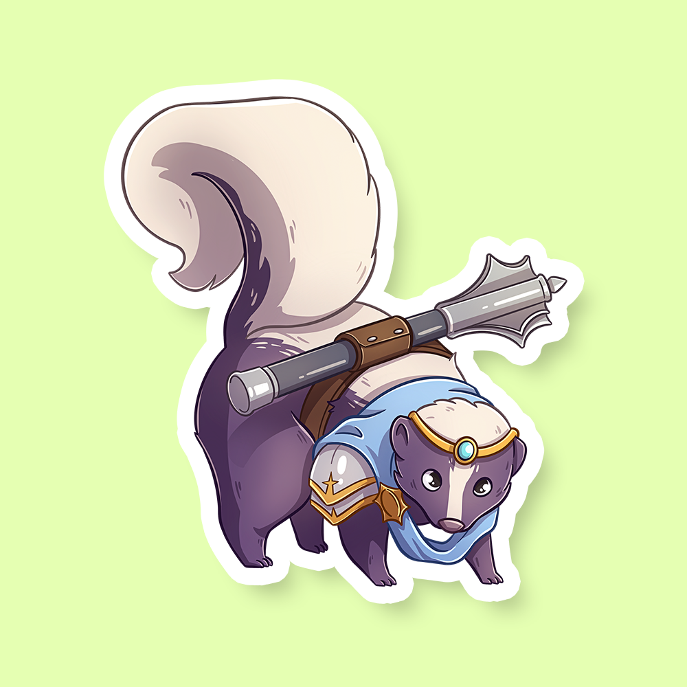 Cleric Class D&D Skunk Sticker - Cartoon skunk dressed as a cleric in blue robes with gold armor and a mace on its back sticker.