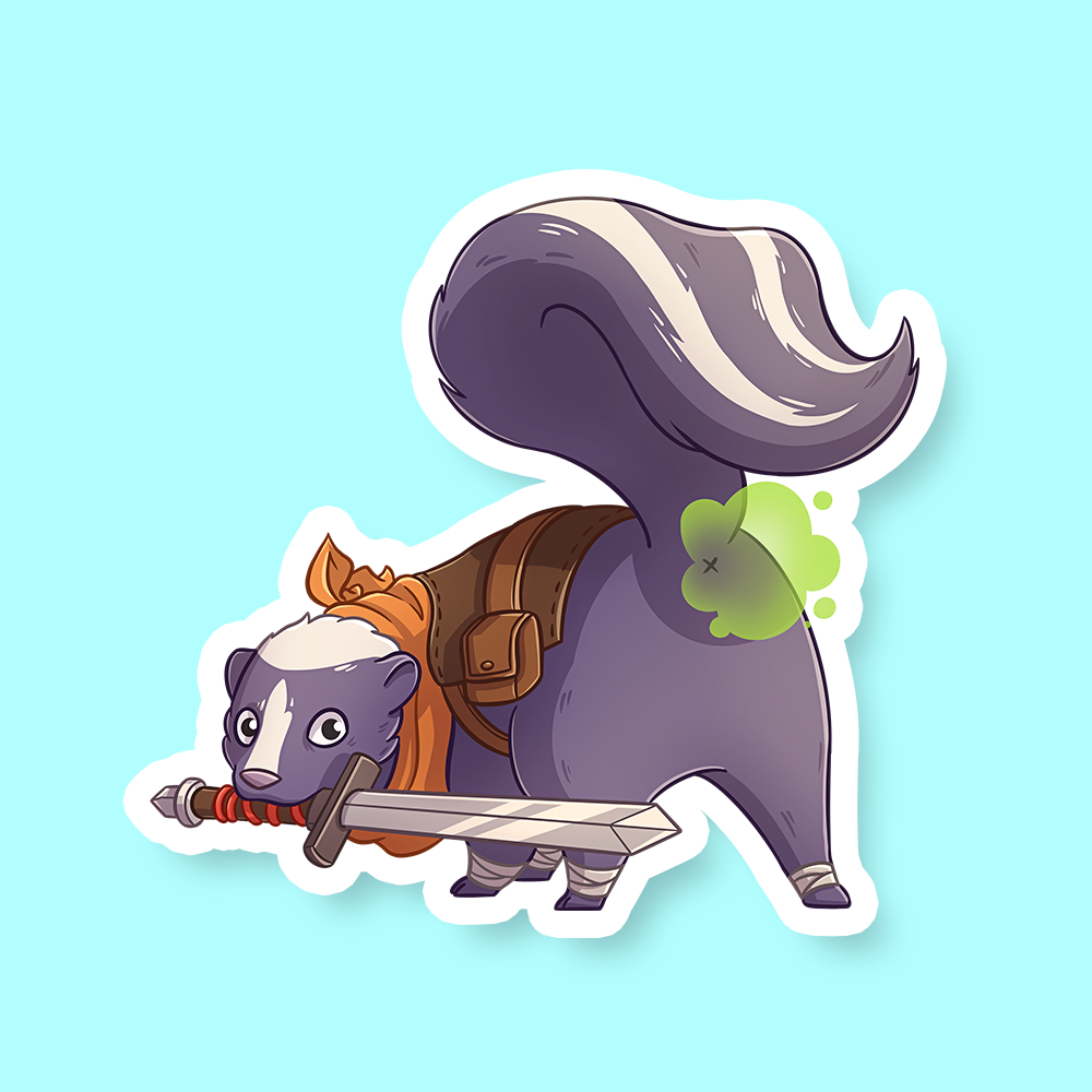 Fighter Class D&D Skunk Sticker - Cartoon skunk warrior with orange headband and sword, brown armor, producing green puff sticker.