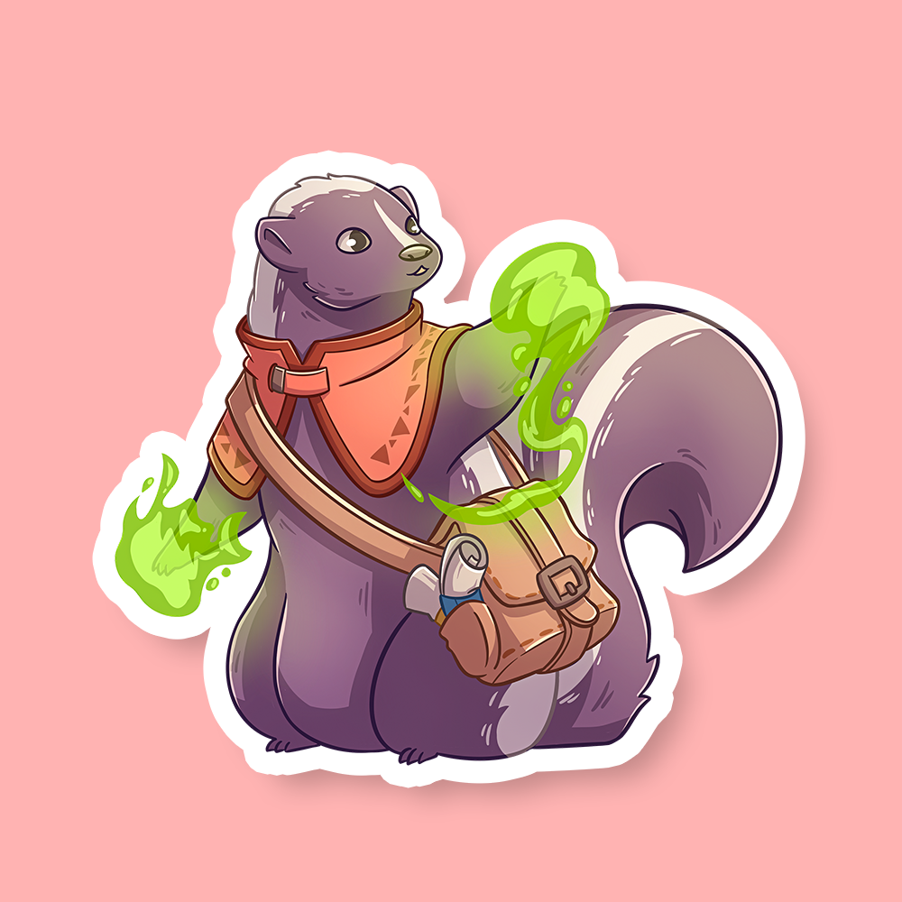 Sorcerer Class D&D Skunk Sticker - Cartoon skunk wearing a red sorcerer cloak with a satchel, casting green magical flames from its paws.