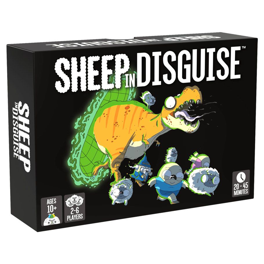 Sheep in Disguise - Black rectangular box with bold white text "Sheep in Disguise" featuring a cartoon sheep in a dinosaur costume and three.