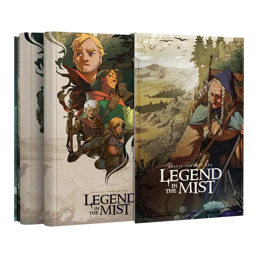 Legend in the Mist: Ravenhome Slipcase Set (PREORDER) - Two hardcover RPG books with fantasy character and forest artwork in muted greens, browns, and beige tones, titled Legend in