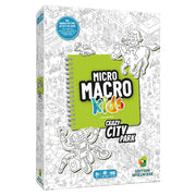 MicroMacro Kids: Crazy City Park - Colorful board game box with intricate black-and-white city park illustrations, featuring bold green and yellow title panel.