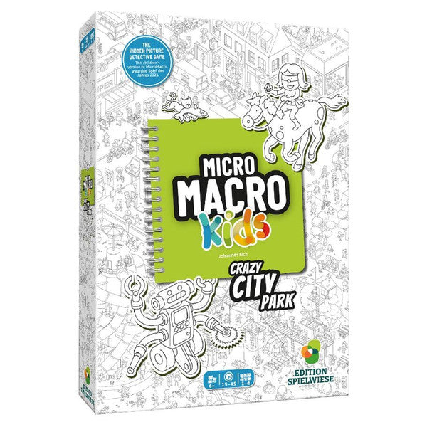 MicroMacro Kids: Crazy City Park - Colorful board game box with intricate black-and-white city park illustrations, featuring bold green and yellow title panel.