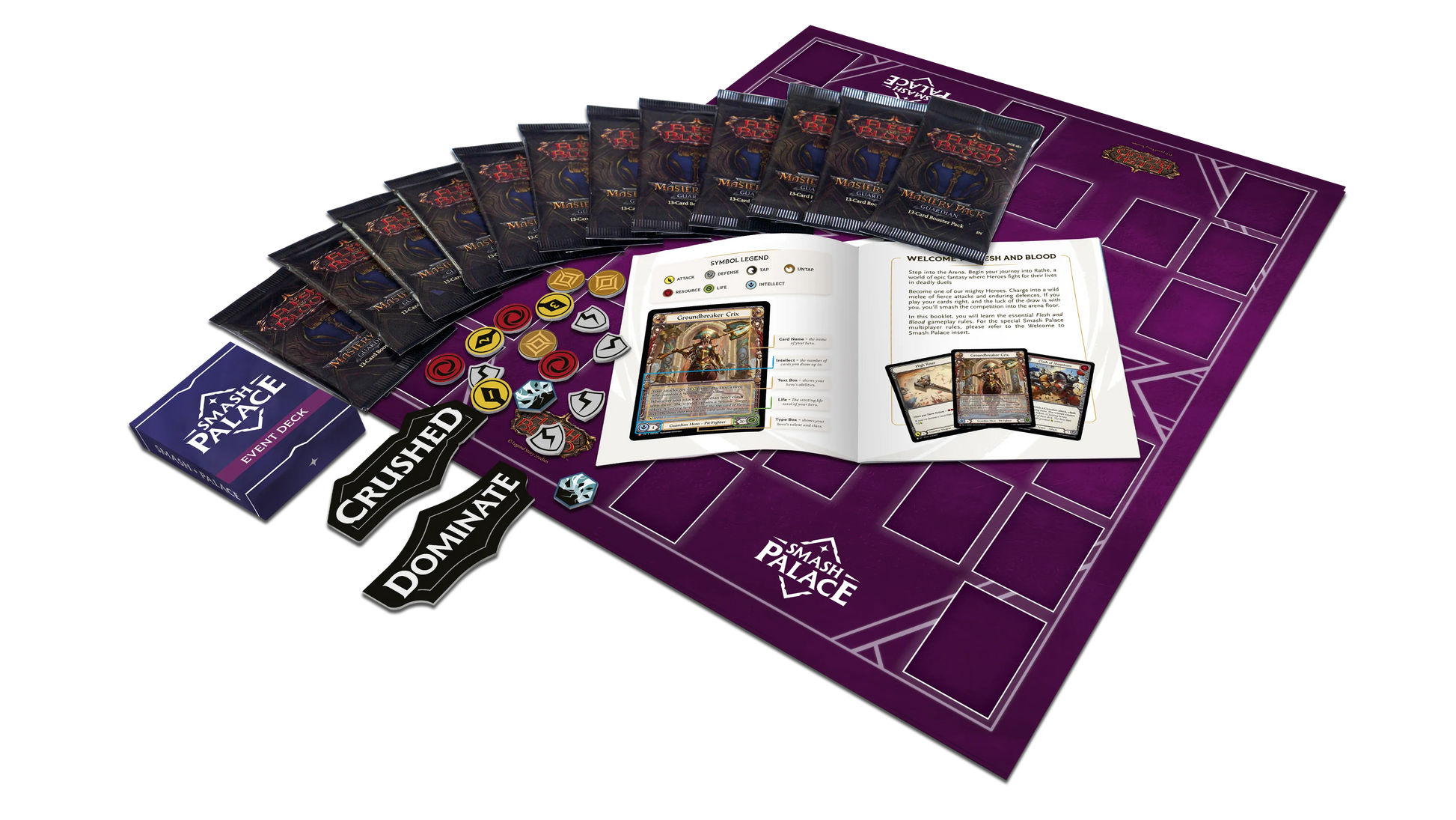 Flesh and Blood: Smash Palace Box Set - Purple game mat with card slots, multiple Flesh and Blood game cards, tokens, rulebook, and deck box arranged for gameplay.