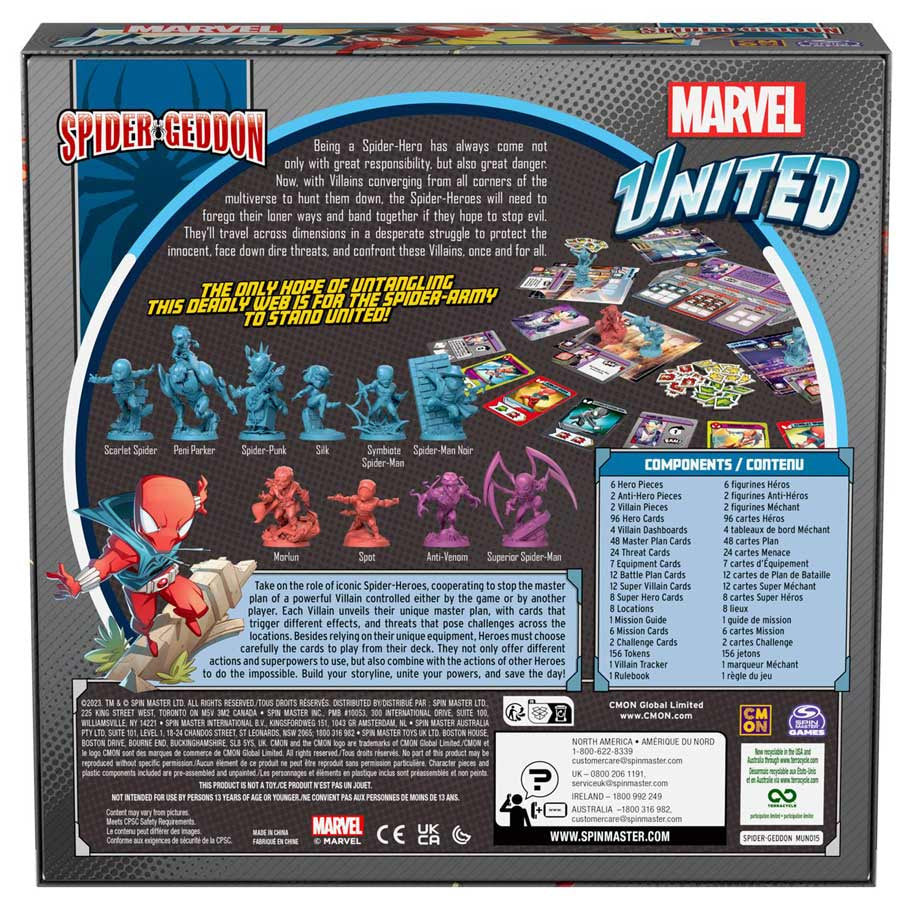 Marvel United: Spidergeddon - Spidergeddon board game box showing colorful superhero miniatures, game cards, and components on a black background.